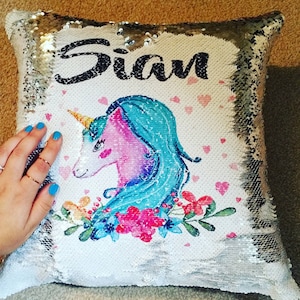 UNICORN pillow, reversible SEQUINS cushion cover, unicorn mermaid, personalised cushion sequin, special needs, autism calming fantasy pillow