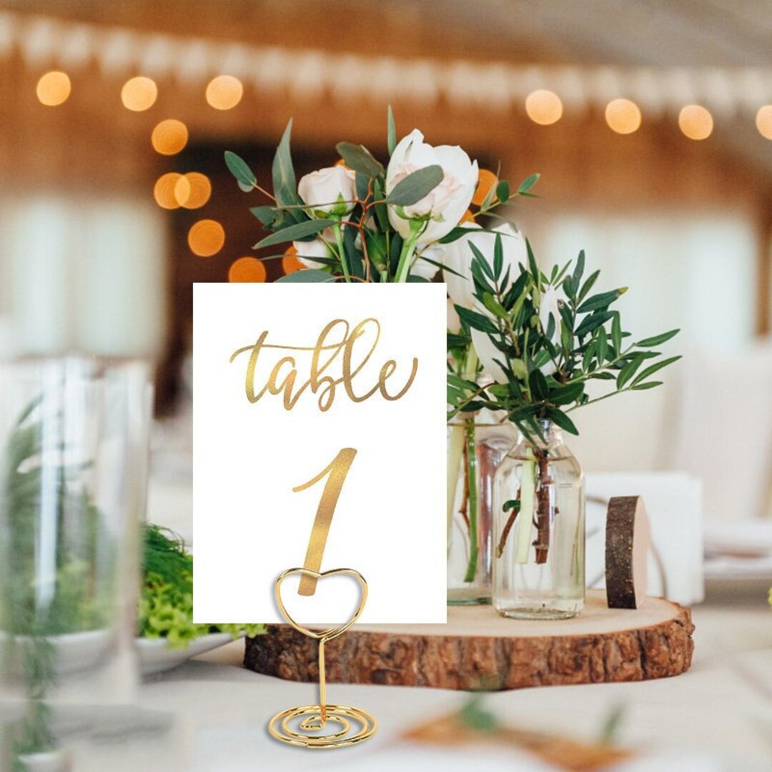 10 X Heart Table Name HOLDER CARDS, Gold WIRE Wedding Name Card Stand