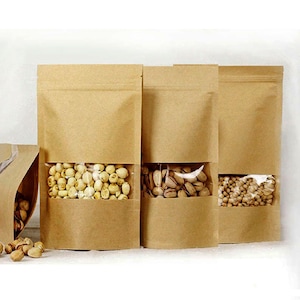 50/100 SACCHETTI KRAFT richiudibili, con finestra trasparente, sacchetti per snack, sacchetti per la conservazione degli alimenti sigillabili, bustine per il tè Stand Up, sacchetti di carta per imballaggio alimentare