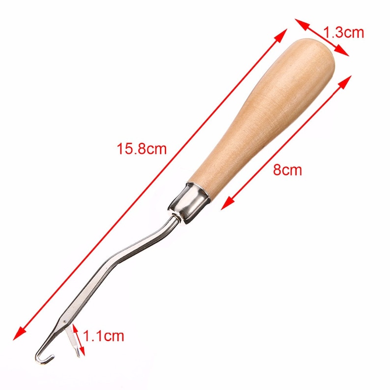 May include: A wooden handled crochet hook with a metal hook. The hook is 15.8 inches long, the handle is 8 cm long, and the hook is 1.1 cm long.
