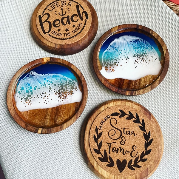 Personalized Ocean Coasters | Large 5” Natural Acacia Wood | drinkware | Wedding Engagement Mother’s Gifts | Beach Home Decor Engraved Resin
