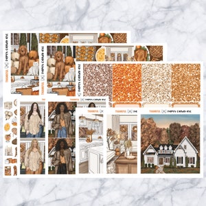 May include: A set of 10 fall-themed planner stickers featuring illustrations of a house, pumpkins, a kitchen, and women in fall outfits. The stickers are on a white background with the text "Thankful" and "Paper Candy Art" repeated throughout.