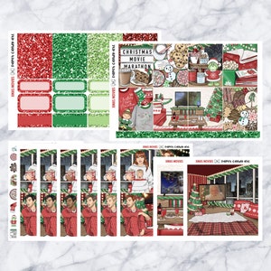 May include: A set of Christmas movie themed planner stickers featuring a red and green glitter background, a Christmas movie marathon sign, a snowman, a Christmas tree, and a group of people watching a movie on a couch.