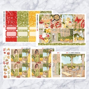 May include: A set of printable planner stickers featuring a lemon theme. The stickers include illustrations of lemons, lemonade, a woman in a yellow dress, and a patio setting with a table and chairs. The stickers are designed for use in a planner or journal.