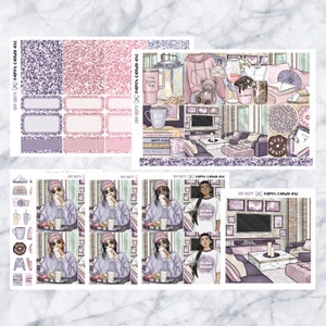 May include: A planner sticker sheet set with a purple and pink color scheme. The set includes glitter patterns, decorative elements, and illustrations of a living room, women, and text that reads "Do Not Disturb".