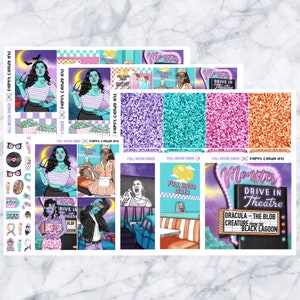 May include: A sheet of planner stickers with a retro diner theme. The stickers feature illustrations of women, a drive-in theater sign, and glitter patterns in purple, teal, pink, and orange. Text includes "Full Moon Diner" and "Monster Drive-In Theatre".