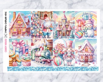 Può includere: Un set di 9 adesivi a tema natalizio con case di pan di zenzero, un treno, un pupazzo di neve, Babbo Natale e uno schiaccianoci. Gli adesivi sono colorati e fantasiosi, con un tema di bastoncino di zucchero.