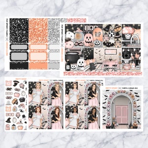May include: A collection of Halloween-themed planner stickers. The stickers feature a variety of designs, including pumpkins, ghosts, witches, and the text "BOO" and "RIP". The color palette includes black, orange, silver, and pink.