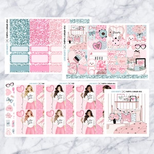 May include: A set of Valentine's Day themed planner stickers featuring a pink and blue color scheme. The stickers include illustrations of hearts, flowers, a teddy bear, and a girl holding a balloon. The text "Love Hearts" and "Paper Candy Art" is included on the stickers.