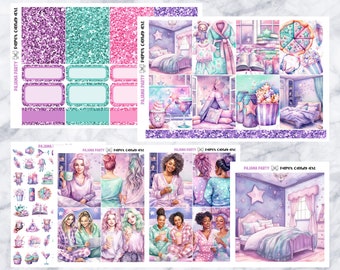 ADD-ONS Fiesta de pijamas // Pegatinas del planificador // caja doble, encabezados de brillo, cajas completas, deco, chicas de moda