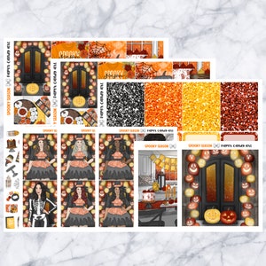 May include: A collection of Halloween-themed planner stickers. The stickers feature illustrations of witches, pumpkins, and spooky scenes. The color palette includes orange, black, and gray, with glitter accents. Text includes "Spooky Season" and "Paper Candy Art".