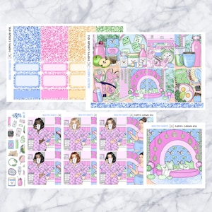May include: A set of printable planner stickers featuring a pink and blue color scheme with butterflies, flowers, and a woman in a pink robe. The stickers are designed for a healthy habits theme and include text such as "Healthy Habits" and "Paper Candy Art".