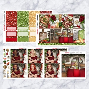 May include: A set of planner stickers featuring a red and green color scheme with a pizza theme. The stickers include images of pizza, a kitchen, and women in red dresses. The text "LOVE PIZZA" appears on several of the stickers.