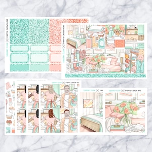 May include: A set of printable planner stickers featuring a cleaning theme. The stickers include illustrations of a couple cleaning a bedroom, a cleaning supply caddy, a bouquet of flowers, and a cleaning checklist.