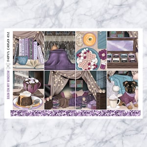 May include: A digital planner sticker sheet with a cozy rainy day theme. The stickers feature a person reading a book under a blanket, a cup of hot chocolate with marshmallows, a plate of waffles with berries, a dog wearing a sweater, and a bookshelf with fairy lights.