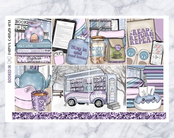 Può includere: Un set di adesivi per planner digitale a tema invernale. Gli adesivi presentano illustrazioni di libri, caffè, una libreria e scene invernali accoglienti. Il testo sugli adesivi include "Read Return Repeat", "Stay in and read books", "Coffee and Books" e "Little Bookshop".