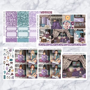 May include: A set of printable planner stickers featuring a cozy winter theme. The stickers include illustrations of a woman reading a book, a mug of hot chocolate, a fireplace, and a dog. The text "RAIN ON MY WINDOW" and "paper candy art" is included on the stickers.