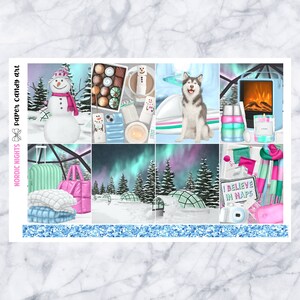 May include: A set of 9 winter-themed planner stickers featuring a snowman, a husky dog, a fireplace, a cozy blanket, a suitcase, and an igloo. The stickers are in a variety of colors, including pink, blue, green, and white.