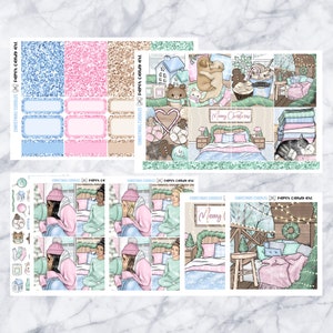 May include: A set of digital planner stickers featuring a winter theme with illustrations of people in pajamas, a cozy bedroom, a fireplace, and a Christmas tree. The stickers are designed for use in digital planners and include the text "Merry Christmas".