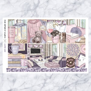 May include: A set of nine digital planner stickers featuring a cozy living room theme. The stickers include a mug that says "Rest Day", a book stack, a TV, a couch, a teddy bear, a glass of wine, popcorn, a bowl of cereal, and a book with the text "Busy Resting".