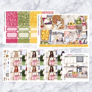 May include: A set of printable planner stickers featuring a kitchen theme with illustrations of a woman baking, fruit, and kitchen appliances. The stickers are designed for use in a planner or journal.