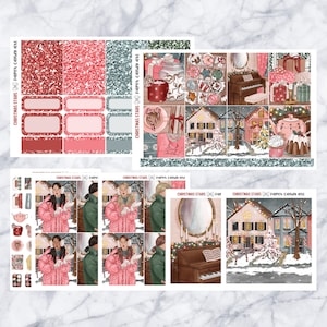 May include: A set of Christmas-themed planner stickers featuring illustrations of a couple in winter clothes, a piano, a house with lights, and a teapot with a cupcake. The stickers are on a white background with a glittery texture.