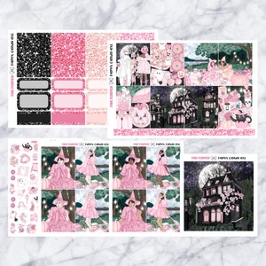 May include: A collection of pink and black Halloween-themed planner stickers. The stickers feature illustrations of witches, ghosts, haunted houses, and pumpkins. The text "PINK PUMPKIN Paper candy art" is visible on the stickers.