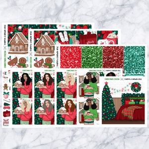 May include: A set of Christmas-themed planner stickers featuring illustrations of gingerbread houses, women holding gingerbread houses, a Christmas tree, a wreath, and a woman holding a mug of hot cocoa. The stickers are on a white background with red, green, and white accents.