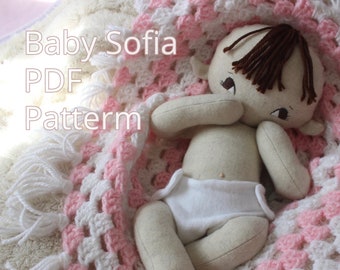 Rag Doll Pattern and tutorial- 15 inch rag baby doll- preemie size doll- Baby Sofia Pattern