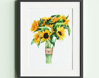 Watercolor Sunflower Art Prints, Floral Art Print 8x10, Sunflower Decor, Sunflower Art, Sunflower Painting, Watercolor Flower wallarts