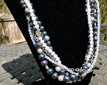 Mother of Pearl, Shell Pearl & Crystal Braided Necklace