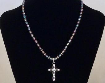 Peacock Pearl Necklace with Sterling Cross and Matching Bracelet