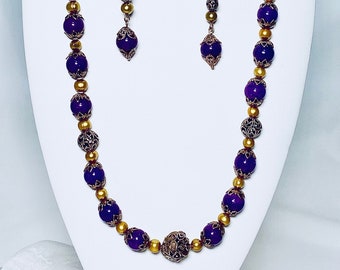 Purple & Gold Gemstone and Pearl Jewelry Set