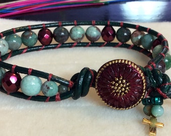 African "Jade" and Czech Glass Wrap Bracelet