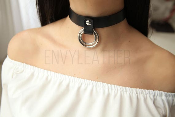Leather Choker O Ring Chokerdouble Ring Choker Black O Etsy