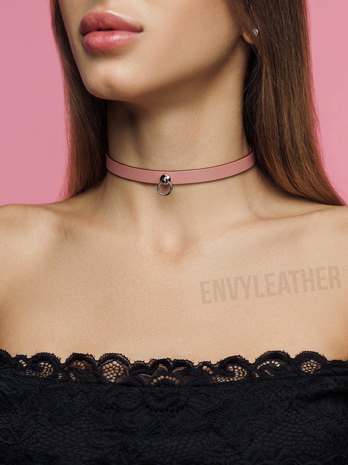 Pink leather choker Submissive collar Oring choker Kitty Etsy