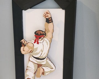 Ryu Dragon Punch 3D Pixel Art de 16 bits - Decoración de Street Fighter con marco roto