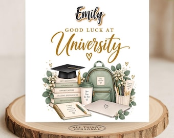 Personalised Girls Good Luck At University Card - Off To Uni Card for Daughter Niece Granddaughter Friend Eucalyptus Design