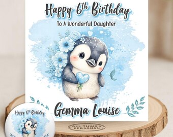 Personalised Girls Penguin Birthday Card for Daughter Granddaughter Niece Sister Goddaughter Girls Blue Card for Her 3rd 4th 5th 6th 7th 8th