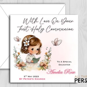 Personalised Girls First Holy Communion Card for Daughter Granddaughter Goddaughter Niece Sister Friend Special Girl Pink Religious Card