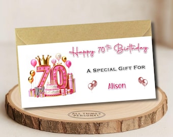 Personalised 70th Birthday Money Wallet Card, Custom Gift Card Holder or Voucher Envelope - Any Name