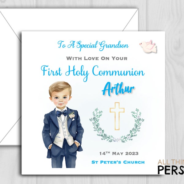 Boys First Holy Communion Card Personalised for Grandson Son Godson Nephew Brother Friend Special Boy Blue Religious Church Card
