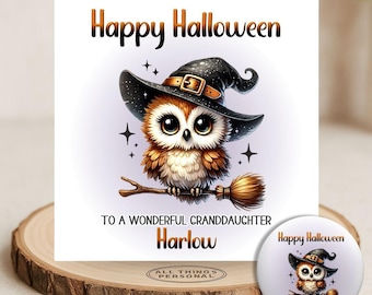 Personalised Owl Witch Halloween Card for Daughter Granddaughter Great Niece Friend Girls Cute Fun First Halloween Card with Matching Badge