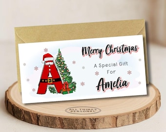 Personalised Christmas Money Wallet Card, Custom Gift Card Holder or Voucher Envelope - Cute Santa Initial Design Card Festive Treat