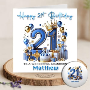Blue 21st Birthday Card Personalised Boys Officially Adult Son Brother Nephew Grandson Twenty Ones Birthday Boy Mens Card Matching Badge