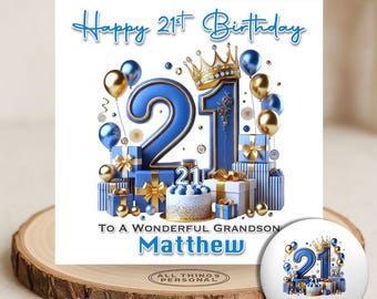 Blue 21st Birthday Card Personalised Boys Officially Adult Son Brother Nephew Grandson Twenty Ones Birthday Boy Mens Card Matching Badge