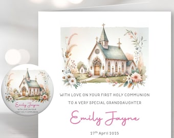Girls First Holy Communion Card Personalised for Granddaughter Goddaughter Daughter Niece Sister Friend Special Pink Religious with Badge