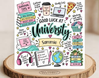 Personalised Doodles Good Luck At University Card - Off To Uni Card for Daughter Niece Granddaughter Friend Funny Survival Tips Joke Card
