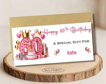 Personalised 60th Birthday Money Wallet Card, Custom Gift Card Holder or Voucher Envelope - Any Name