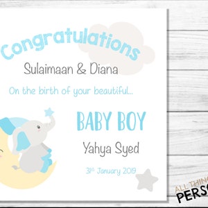 Personalised New Baby Boy Card, Blue Elephant Balloons, 'welcome To The World - View #3